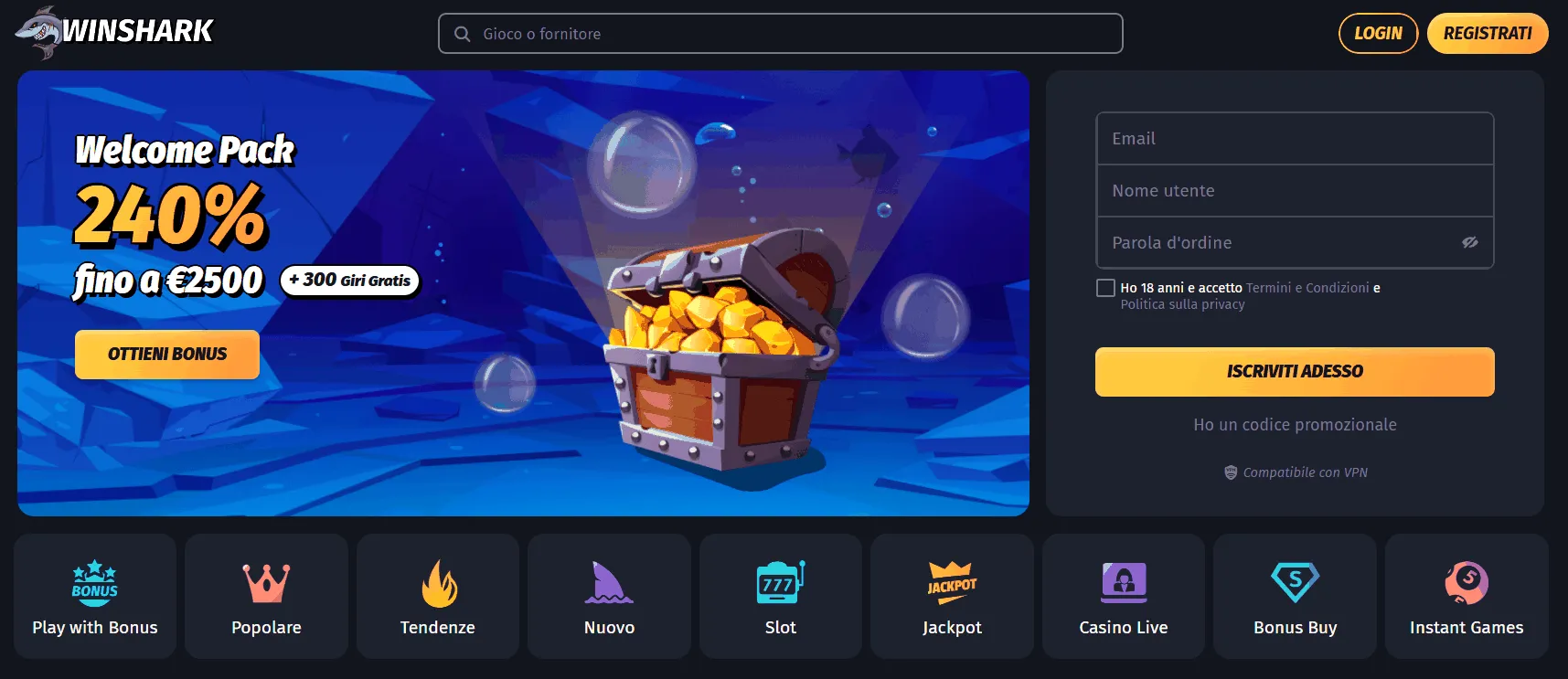 Pagina iniziale del casinò Winshark Scrigno del tesoro con monete d'oro e offerta di benvenuto al Winshark Casino