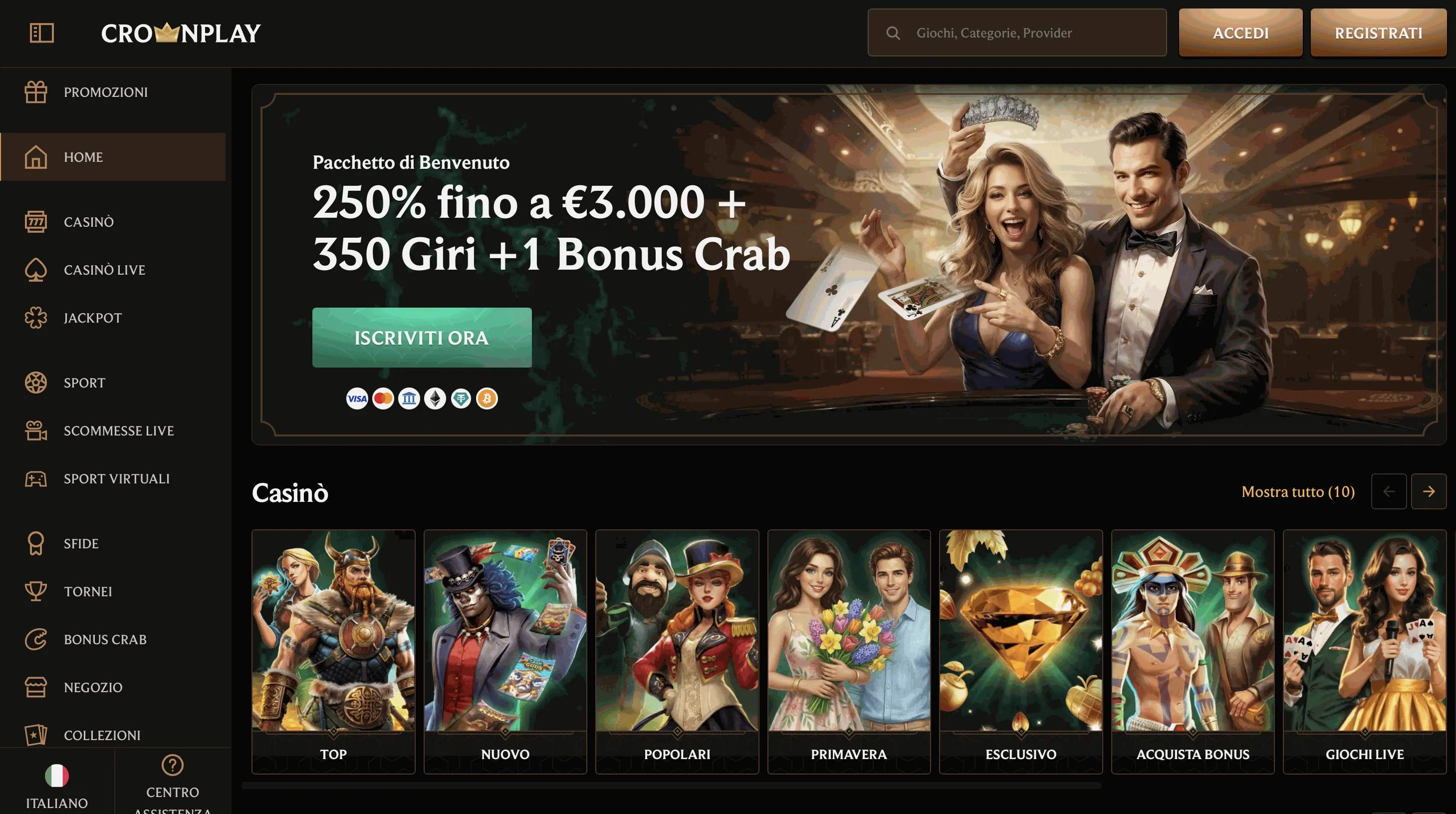Homepage del casinò online CrownPlay