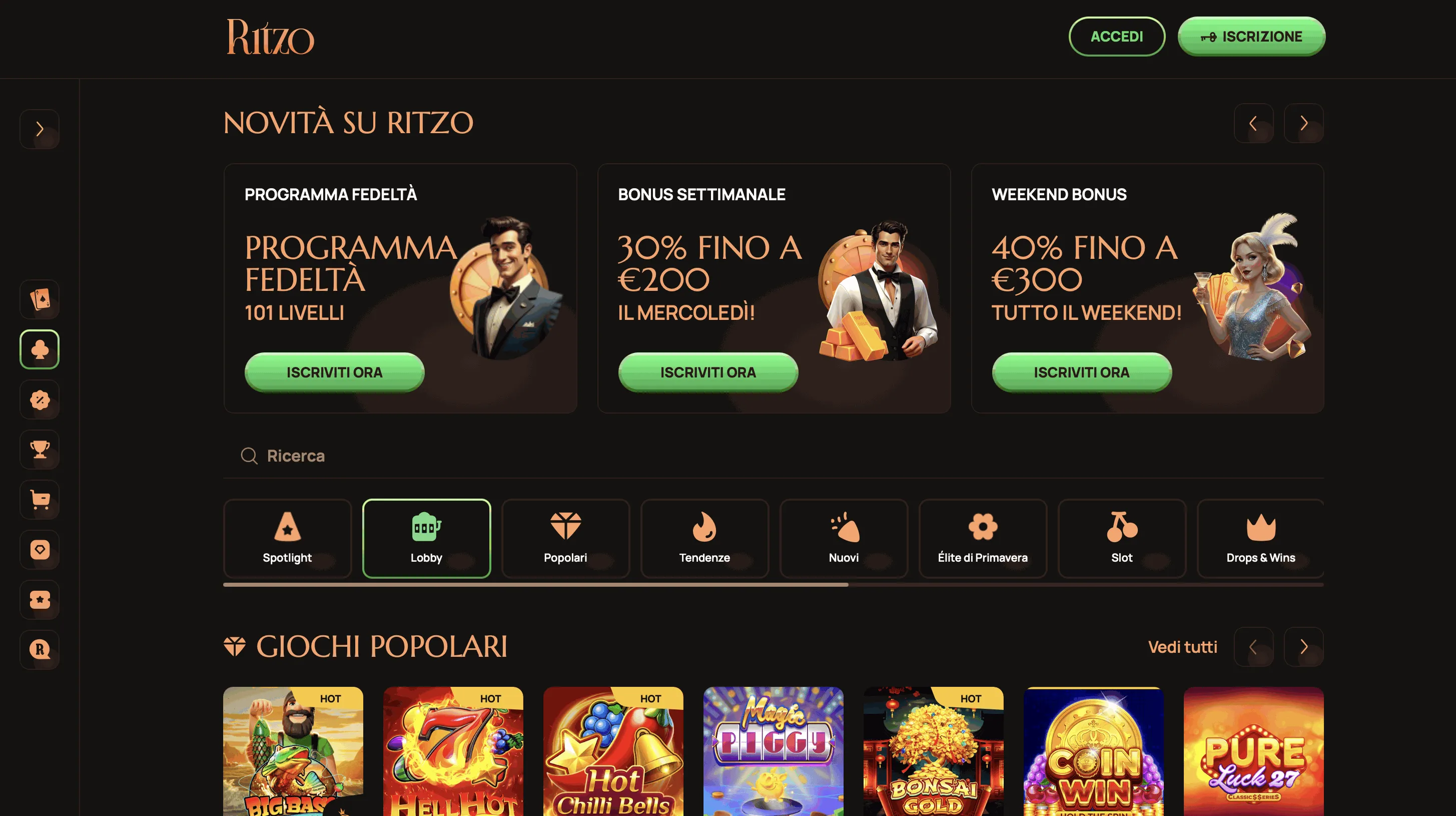 Homepage del casinò online Ritzo