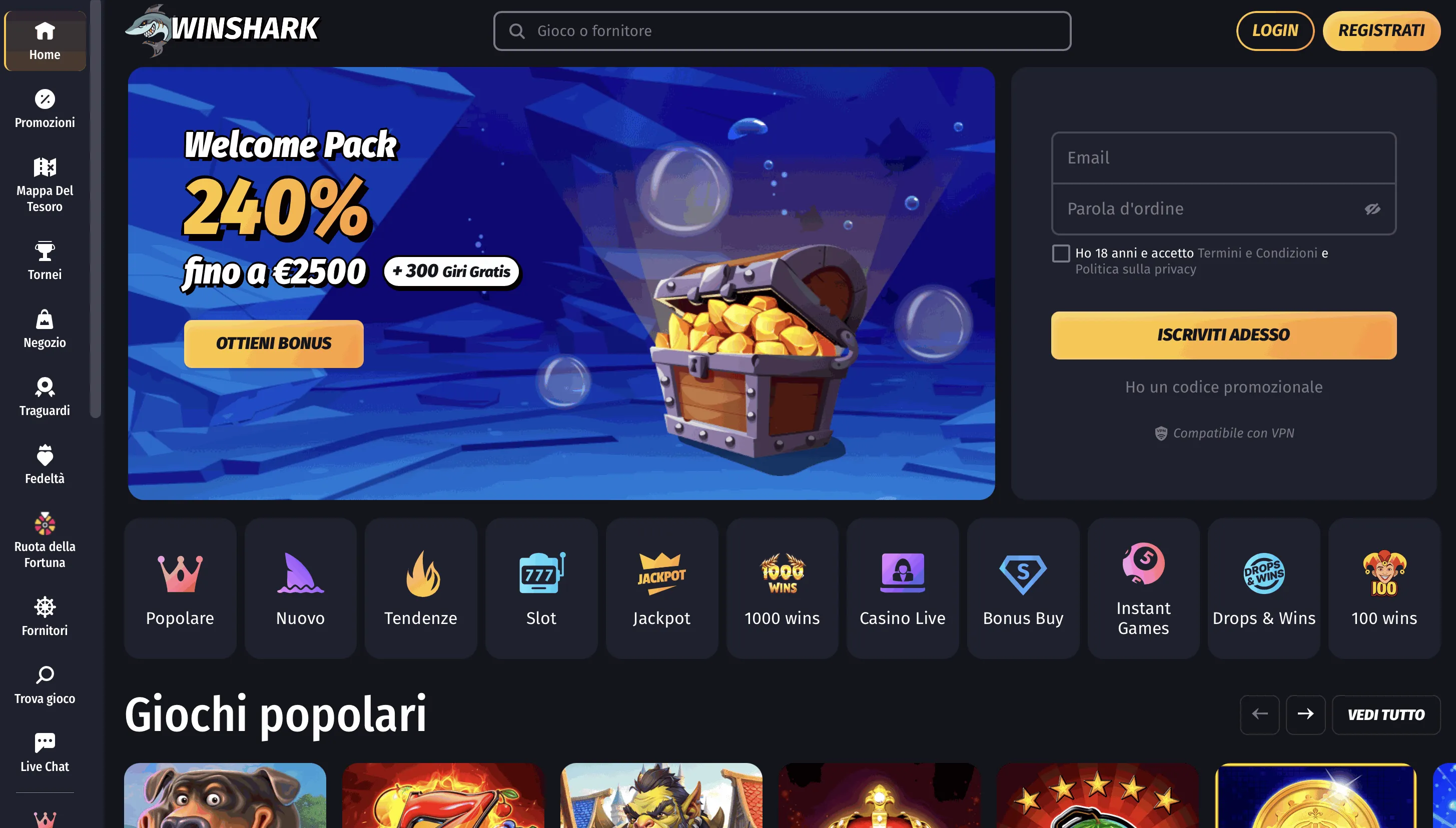 Homepage del casinò online Winshark